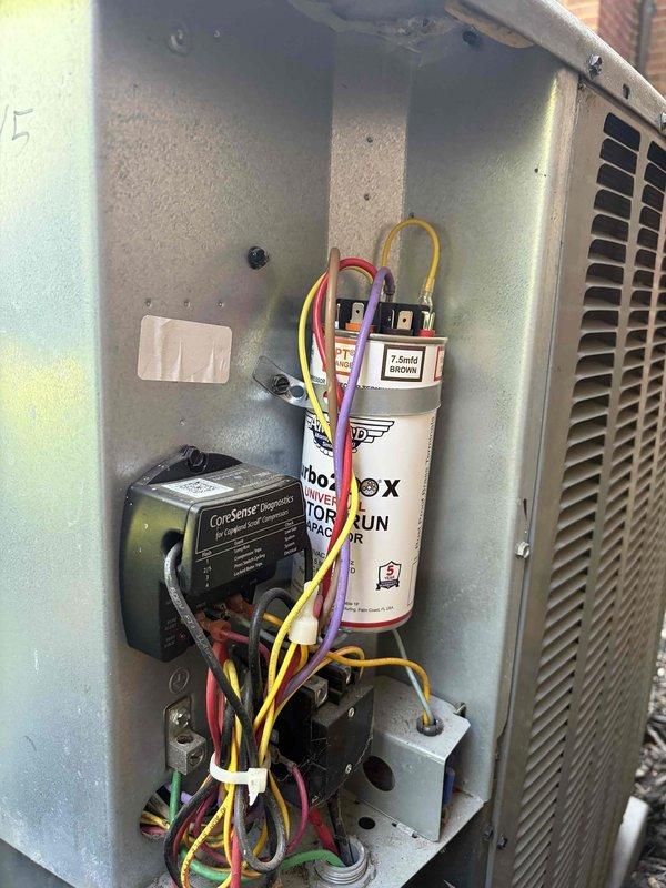 Returned to complete repair by installing new hard start capacitor (TURBO 200 X, 7.5mfd 880/994 rating) in the outdoor unit control panel and replaced three air filters in the system. All components tested and operational upon completion.