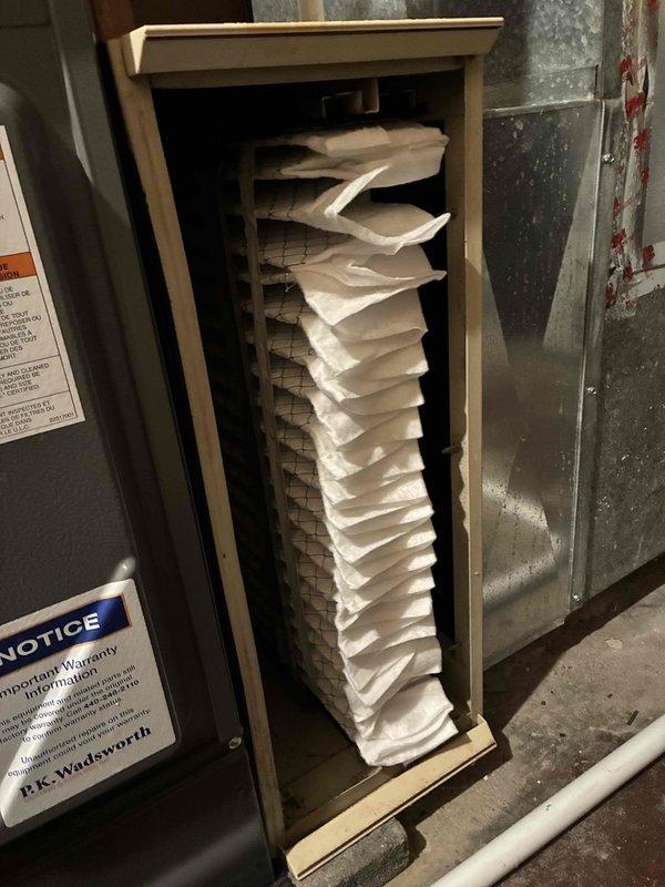 Completed scheduled preventative maintenance on residential cooling system. Inspected air handler unit and replaced dirty pleated air filter with new filter to ensure proper airflow and system efficiency. All equipment operating within normal parameters upon completion of service.