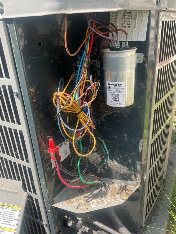 Completed comprehensive cooling season tune-up on residential HVAC system. Inspected and verified proper operation of outdoor condensing unit, including capacitor function and electrical connections. Examined 16x25x4 HDX pleated air filter at indoor air handler, confirmed adequate airflow, and documented system components for maintenance records.