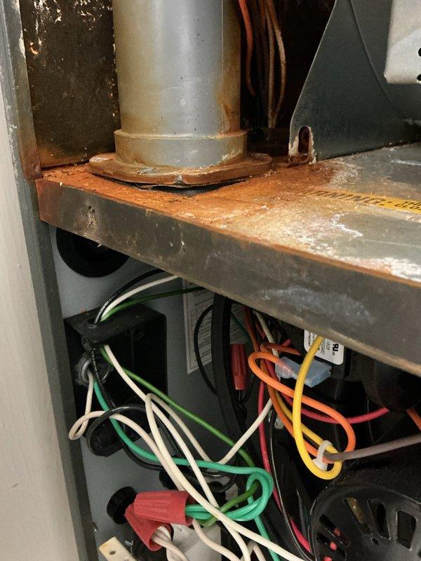 Responded to customer complaint of furnace blower fan continuously running despite thermostat being set to off position. Upon arrival, inspected Goodman furnace unit and verified blower motor was indeed operating continuously with abnormal noise present. Diagnosed faulty thermostat control or blower relay causing fan to bypass off command. Examined electrical connections at furnace control board and verified proper wiring configuration. System evaluated for proper operation of heating components and airflow circulation.