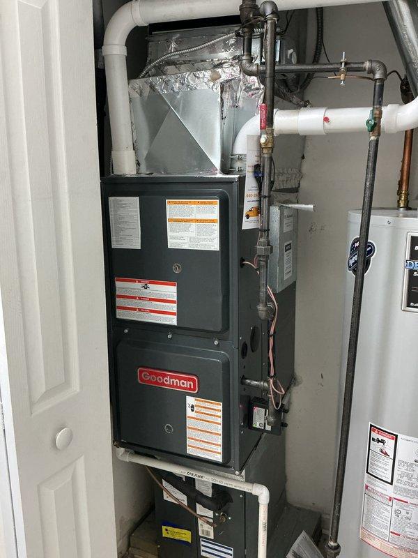 Responded to customer complaint of furnace blower fan continuously running despite thermostat being set to off position. Upon arrival, inspected Goodman furnace unit and verified blower motor was indeed operating continuously with abnormal noise present. Diagnosed faulty thermostat control or blower relay causing fan to bypass off command. Examined electrical connections at furnace control board and verified proper wiring configuration. System evaluated for proper operation of heating components and airflow circulation.