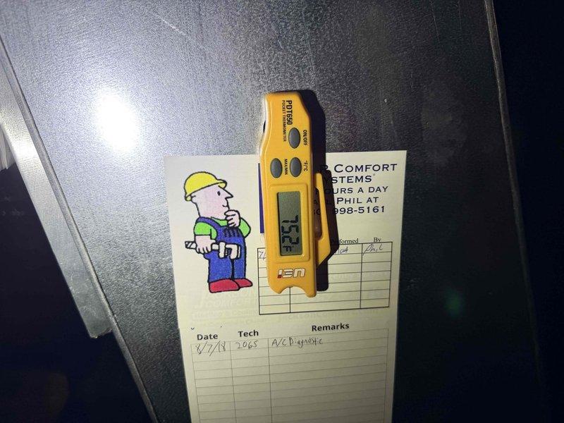 Responded to no cooling complaint on residential HVAC system. Upon arrival, performed diagnostic evaluation of the unit and documented system readings with digital measuring instrument showing 13.24 on display. Completed standard troubleshooting procedures to identify cause of cooling failure and recorded findings on equipment service log for future reference.