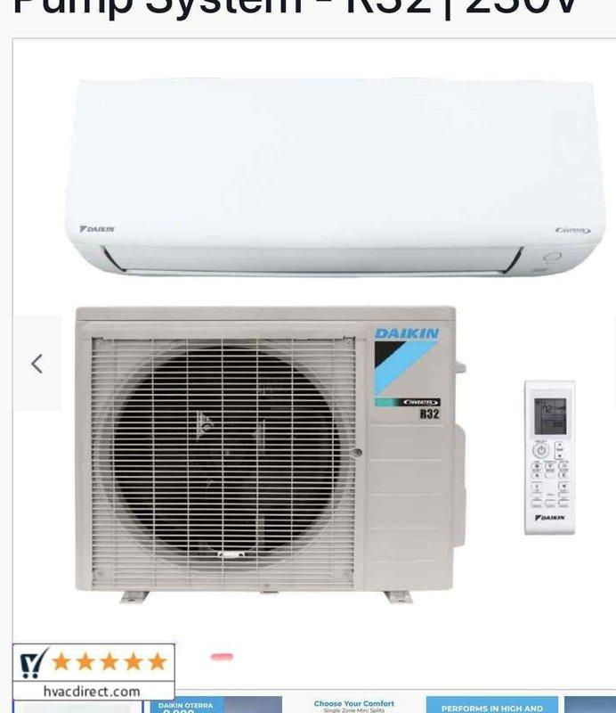 Provided comprehensive HVAC replacement estimate for full system installation to accommodate home addition. Evaluated heating and cooling load requirements, calculating approximately 37,500 BTU heating capacity and 22,500 BTU (2-ton) cooling capacity based on climate zone 4 specifications. Presented Daikin split-system heat pump options featuring R32 refrigerant and 230V electrical requirements, including indoor wall-mounted air handler and outdoor condenser unit with remote control capabilities.