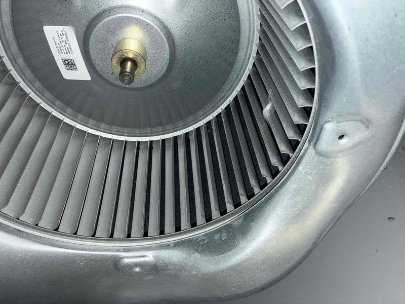 Responded to service call for air conditioning system making unusual noise. Inspected blower assembly and squirrel cage fan, which appeared clean and in good condition with evenly spaced blades and no visible obstructions. Measured temperature differential at 35.5 degrees, indicating proper cooling performance. Blower motor and housing showed no signs of mechanical wear or damage during visual inspection.