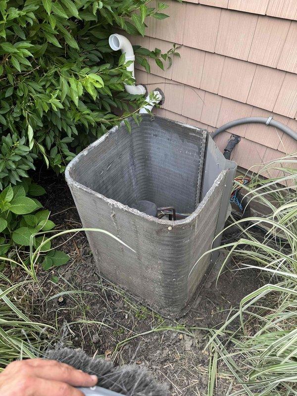 Performed comprehensive coil cleaning service on residential outdoor condensing unit, removing debris and buildup from condenser coil fins to restore optimal heat transfer efficiency and airflow. Installed hard start capacitor (compressor saver) to assist compressor motor during startup, reducing electrical draw and extending equipment lifespan. Unit tested and confirmed operational following service completion.