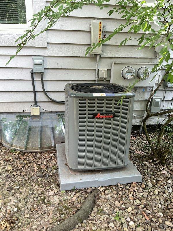 Responded to no cooling call and diagnosed non-operational outdoor condenser unit on residential Amana split system. Troubleshot electrical circuit and repaired faulty connection, restoring power to condenser unit and verifying proper compressor and fan motor operation. System tested and confirmed cooling normally with proper refrigerant pressures and airflow.