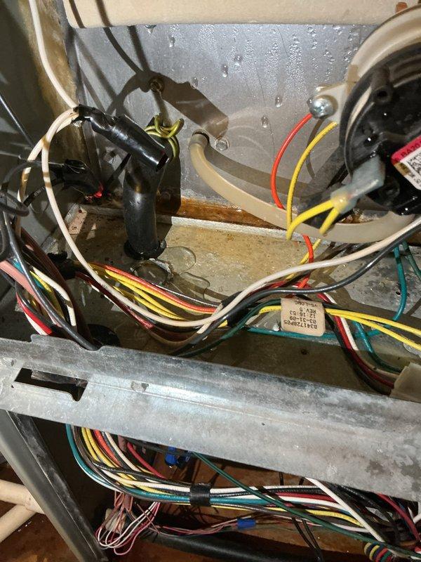 # HVAC Service - Mini Split System No Airflow Issue

Responded to service call for mini split system with complete loss of airflow. Upon inspection, discovered significant water accumulation in the drain pan with heavy rust contamination throughout the base of the air handler unit. Extensive condensation was observed on interior metal surfaces, indicating drainage system failure. The standing water had reached levels that likely triggered the float safety switch, shutting down system operation to prevent overflow damage. Identified clogged condensate drain line as primary cause of water backup. Cleared drain line obstruction and verified proper drainage flow. Removed accumulated water from drain pan and inspected electrical components and control board for water damage. All wiring connections remained secure and dry due to elevated mounting position above water line. Tested capacitor and verified proper electrical function. Cycled system through complete operational test, confirming re