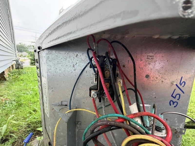 Responded to no-cool complaint where system was continuously running without shutting off. Inspected outdoor condensing unit electrical connections and start relay components, then evaluated indoor air handler and associated refrigerant lines and controls. Diagnosed thermostat control issue preventing proper system cycling and restored normal operation with equipment shutting off at setpoint as designed.