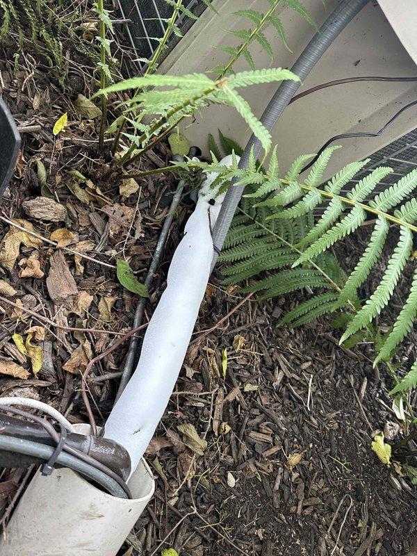 Responded to no cooling call on 15+ year old central air conditioning system. Upon arrival, conducted visual inspection of outdoor condensing unit. Found unit located in overgrown area with significant vegetation encroachment, including ferns and ground cover growing around equipment base. Observed severely corroded condenser coil with extensive rust buildup on metal fins and grating, indicating prolonged exposure to moisture and lack of maintenance. Coil deterioration was advanced enough to compromise heat transfer efficiency and airflow. Noted drainage components and refrigerant lines partially obscured by mulch, leaves, and plant debris. Given the age of equipment, extent of corrosion damage, and reduced system capacity, recommended replacement of outdoor unit rather than repair. Discussed options with customer for new high-efficiency system installation.