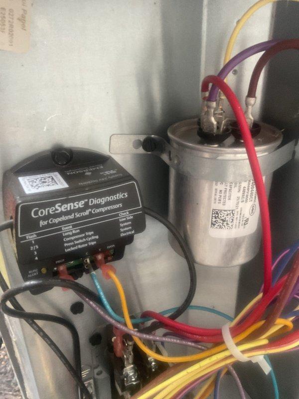 Completed first-year preventive maintenance on residential cooling system under MVP agreement. Performed comprehensive system inspection including electrical measurements, compressor diagnostics using CoreSense equipment for Copeland scroll compressor, and capacitor testing. All components operating within normal parameters; no deficiencies found requiring immediate attention.