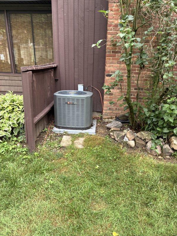 Provided HVAC replacement estimate options for air conditioning system. Furnace had been previously replaced. Documented existing Trane outdoor condensing unit installation on concrete pad with proper electrical conduit routing, as well as basement mechanical components including copper refrigerant lines, PVC drainage system, and water heater configuration to assess replacement requirements and system compatibility.