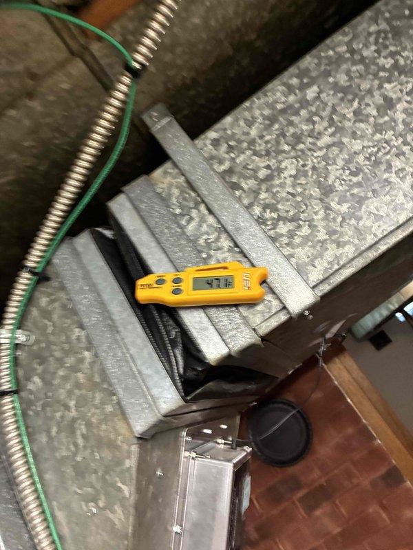 Completed scheduled cooling system maintenance on residential HVAC unit. Performed electrical diagnostics using multimeter to test compressor and capacitor connections, verifying proper voltage and amperage readings. Measured supply air temperature at ductwork, confirming system cooling performance at 47.3°F. Customer declined optional electrical inspection during this maintenance visit.