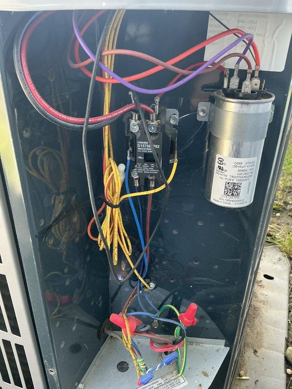 Completed scheduled cooling maintenance on Trane XR system (Model 4TTR3024H1000NA). Performed comprehensive inspection of outdoor condensing unit, verifying proper operation of compressor, capacitor, and contactor assembly. Inspected electrical connections, wiring integrity, and control components within the unit's electrical compartment. All internal components including capacitor and relay systems found in good working condition with secure connections and proper wire routing. Verified manufacturer specifications and confirmed system operational parameters are within acceptable ranges for continued reliable performance.