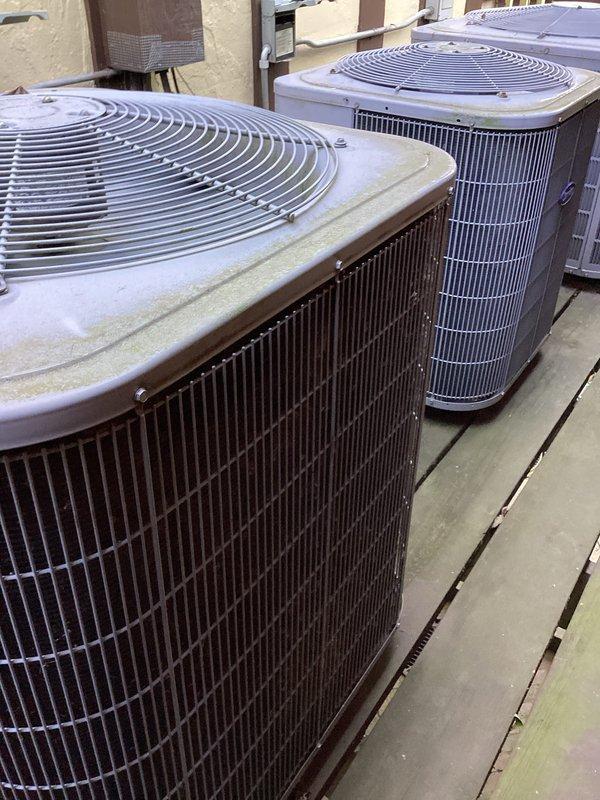 Completed comprehensive cooling maintenance on four outdoor condensing units. Performed standard preventive maintenance procedures including inspection of all compressors, fan motors, contactors, and capacitors; cleaned condenser coils; checked refrigerant levels and operating pressures; verified proper amperage draws; and tested system performance. All units operational and running within manufacturer specifications upon completion.