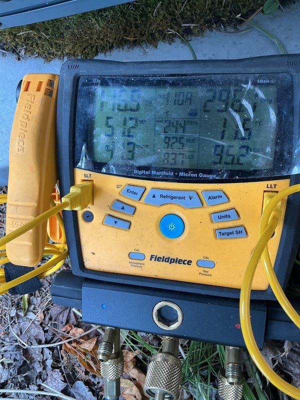Responded to service call for non-operational cooling system on 7-year-old central air conditioning unit. Upon arrival, performed comprehensive system diagnostics using digital manifold and micron gauge to assess refrigerant pressures, superheat, and subcooling values. Inspection revealed issues with refrigerant levels and system performance parameters. Accessed exterior condensing unit and evaluated refrigerant line set connections at foundation penetration point. Checked integrity of insulated copper line set, noting weathered foam insulation on suction and liquid lines. Measured operating pressures and temperatures to determine root cause of cooling failure. System was successfully restored to proper operating condition with appropriate refrigerant charge and verified all parameters within manufacturer specifications.
