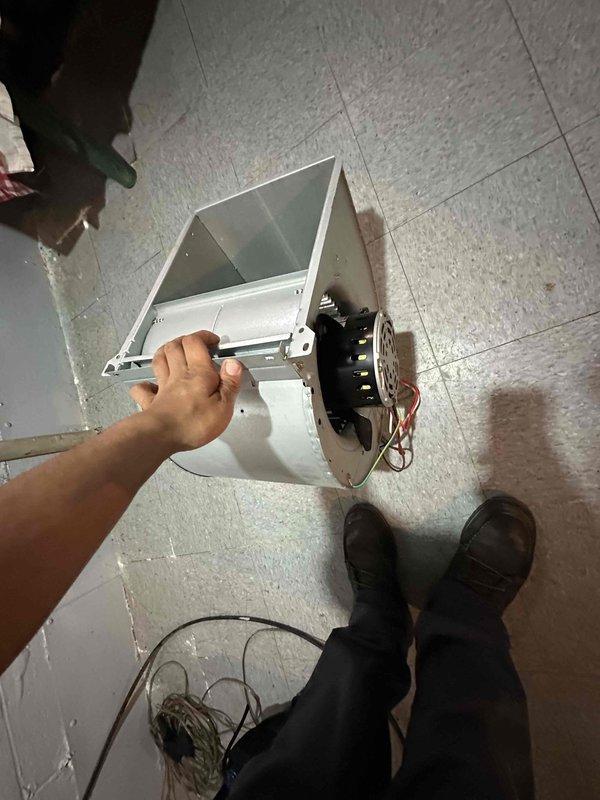 Performed blower wheel cleaning service on residential HVAC system. Disassembled and removed blower assembly from air handler unit, exposing squirrel cage blower wheel and motor components. Thoroughly cleaned blower wheel to remove accumulated dust and debris that was restricting airflow and reducing system efficiency. Reassembled unit and restored system to proper operation.