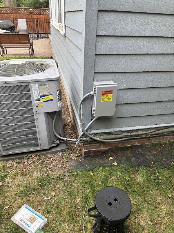 Replaced failed condenser fan motor and capacitor on residential AC unit. Installed new combined disconnect/voltage monitor/surge protector assembly to provide enhanced electrical protection and system monitoring capabilities for the condensing unit.