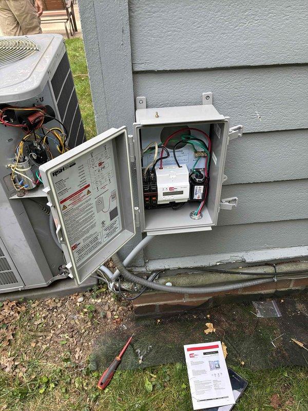 Replaced failed condenser fan motor and capacitor on residential AC unit. Installed new combined disconnect/voltage monitor/surge protector assembly to provide enhanced electrical protection and system monitoring capabilities for the condensing unit.