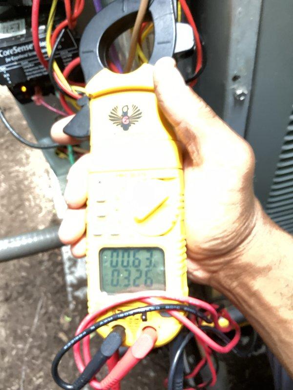 Completed scheduled cooling system preventive maintenance inspection on outdoor condensing unit. Performed electrical diagnostics using clamp meter to verify proper amperage draw and voltage readings on compressor and fan motor circuits. Inspected capacitor, contactor connections, and all electrical components for proper operation. Unit operating within normal parameters at time of service.