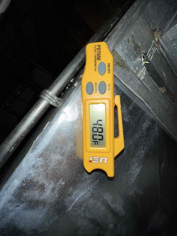 Performed routine cooling system maintenance inspection during midafternoon service call. Verified supply air temperature at 43.0°F at the duct outlet, confirming proper refrigerant charge and system cooling capacity. Inspected blower wheel assembly and found fan blades clean with no debris accumulation, ensuring optimal airflow and system efficiency.