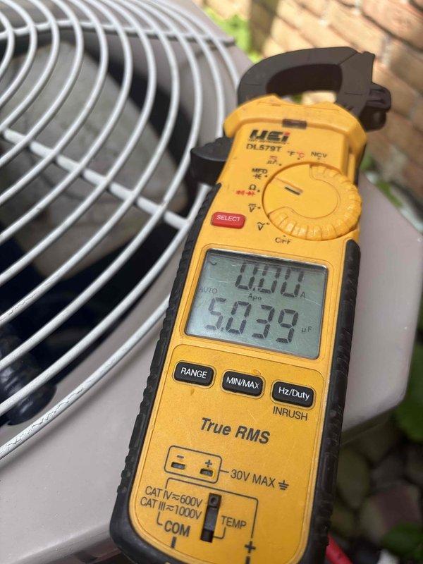 Completed preventive maintenance service on two HVAC cooling systems. Performed inspection of indoor air handling unit, accessing internal components and evaluating air filter condition, which showed dust and debris accumulation. Conducted electrical diagnostics on outdoor condensing unit using digital multimeter, measuring capacitor performance at 5039 µF to verify proper compressor and fan motor operation. Both systems inspected and tested to ensure optimal cooling performance for continued reliable operation.