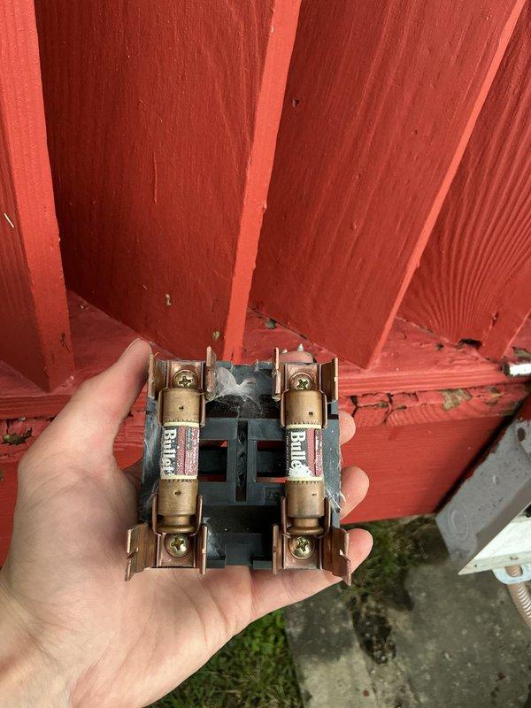 Completed scheduled preventive maintenance on residential cooling system. Inspected and tested electrical components including fuse block and cartridge fuses, verifying proper amperage ratings and secure connections. Performed comprehensive system diagnostics using digital multimeter to measure voltage, amperage, and temperature readings, confirming all electrical values within manufacturer specifications at 200.4V and proper current flow.