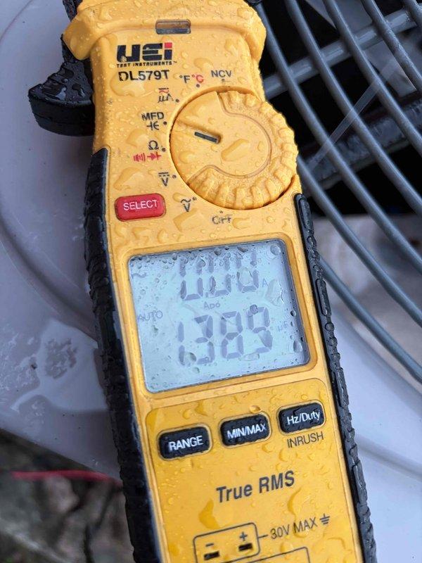 Completed scheduled preventive maintenance on residential cooling system. Inspected and tested electrical components including fuse block and cartridge fuses, verifying proper amperage ratings and secure connections. Performed comprehensive system diagnostics using digital multimeter to measure voltage, amperage, and temperature readings, confirming all electrical values within manufacturer specifications at 200.4V and proper current flow.