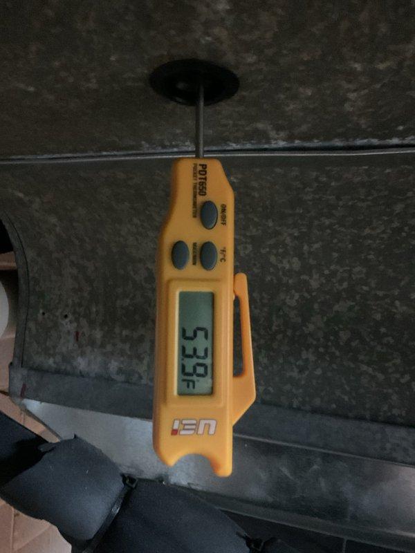 Completed HVAC cooling maintenance on system. Inspected ductwork and identified significant dark discoloration and potential mold growth on metal plenum surfaces, indicating moisture intrusion issues that require attention. Measured supply air temperature at 53.5°F, confirming system is producing adequate cooling output. Documented conditions with photos for customer review and recommended addressing ductwork contamination and investigating moisture source to prevent further deterioration and maintain indoor air quality.