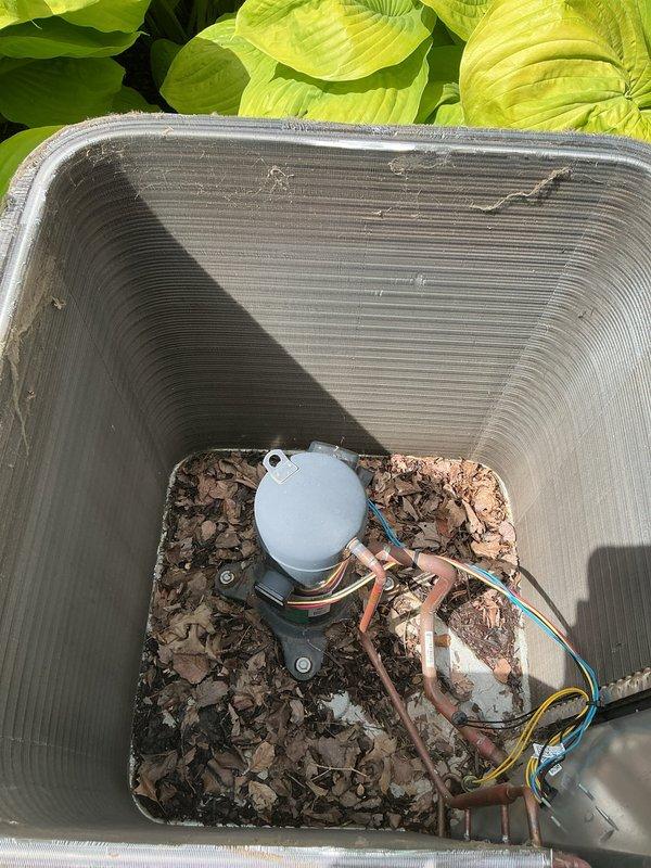 Performed deep cleaning of outdoor condenser coil which had accumulated significant organic debris including leaves, twigs, and decomposed plant matter around the base and within the unit enclosure. Thoroughly cleaned condenser fins, removed all debris from equipment housing, and restored proper airflow to heat exchanger coils to ensure optimal system performance and efficiency.