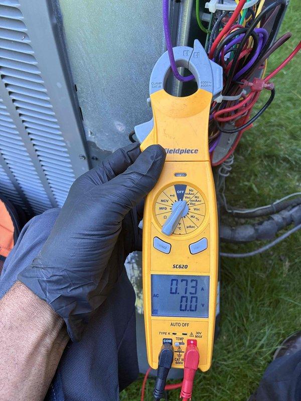 Completed scheduled preventive maintenance on residential cooling system. Performed comprehensive electrical diagnostics using clamp meter to verify amperage draw and voltage readings at outdoor unit, confirming proper compressor operation and electrical performance within manufacturer specifications. Inspected control board wiring connections, terminal blocks, and low-voltage thermostat circuits for secure connections and proper function. All system components operating normally with no deficiencies noted.