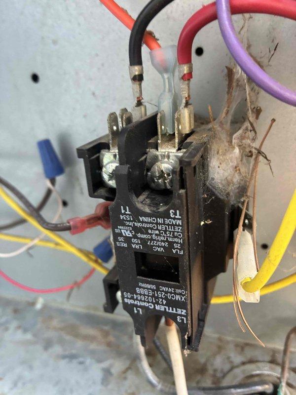 Completed scheduled preventive maintenance on residential cooling system. Performed comprehensive electrical diagnostics using digital multimeter to verify proper voltage and amperage readings across contactor and control circuits. Identified and removed debris accumulation including spider webbing from contactor terminals and electrical connections to prevent potential safety hazards and ensure reliable operation. Inspected all wire terminations, verified secure connections at contactor assembly, and confirmed proper operation of all electrical components. System tested and operating within normal parameters upon completion.