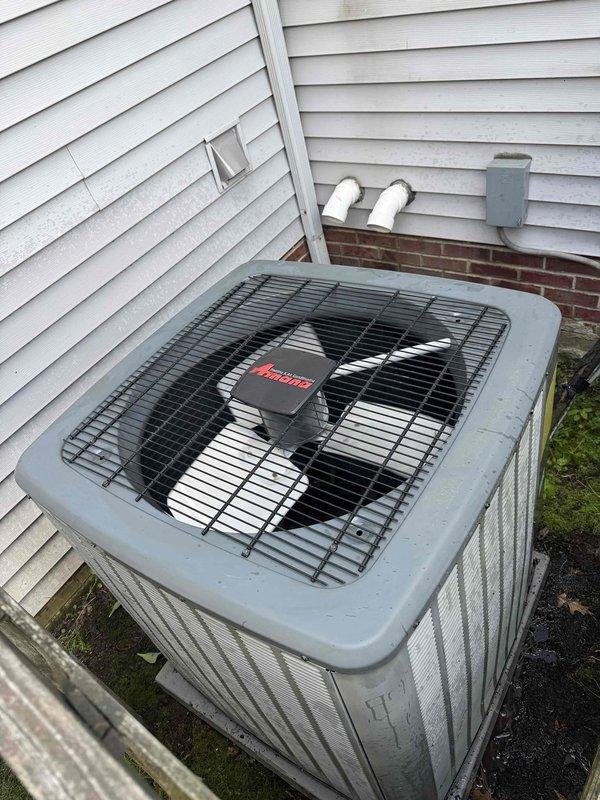 Completed scheduled preventive maintenance on residential Amana air conditioning condenser unit. Performed comprehensive system inspection including visual assessment of outdoor unit condition, fan operation, and surrounding clearances. Documented equipment location and operational status with photographic evidence showing unit positioned on pad adjacent to home exterior with adequate access for service. Noted vegetation encroachment around unit base requiring future monitoring to maintain proper airflow clearances.