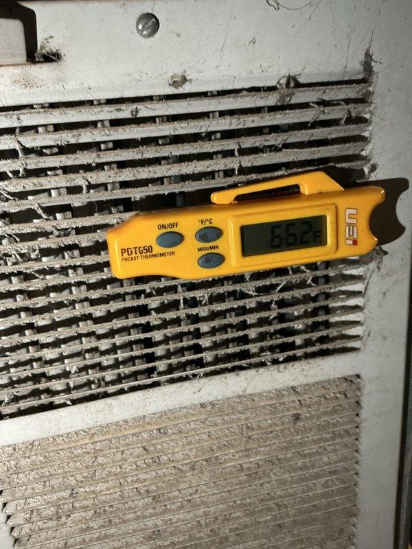 Completed cooling tune-up on residential HVAC system. Performed temperature diagnostics on evaporator coil, recording supply air temperature of 65.8°F. Conducted electrical measurements at outdoor condensing unit, verifying system amperage and voltage readings. Noted heavy dust and debris accumulation on evaporator coil fins requiring future cleaning to maintain optimal airflow and efficiency.