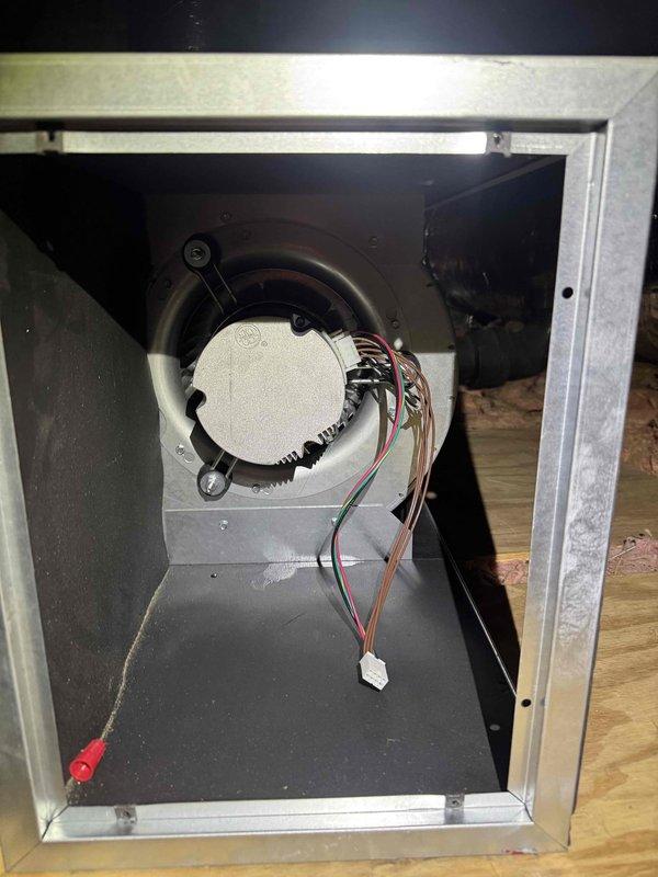 Returned to site to replace defective WiFi control board on HVAC blower assembly under warranty. Accessed unit in attic space, disconnected existing wiring harness from blower motor assembly, and removed failed WiFi board. Installed new WiFi board, reconnected all electrical connections including multi-speed motor wiring, and verified proper operation of blower motor and wireless connectivity. Unit tested and operating normally.