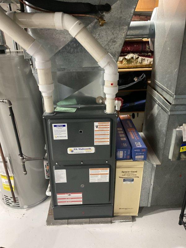 Completed scheduled preventive cooling maintenance on residential HVAC system. Inspected furnace unit, air filtration system, ductwork, and associated components in basement utility area. All equipment found operating within normal parameters with proper airflow through ductwork and venting systems functioning correctly.