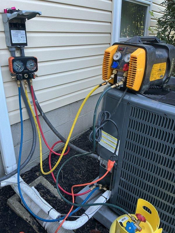 Replaced failed compressor on residential air conditioning system. Recovered refrigerant using recovery machine, removed defective compressor, installed new compressor unit, pressure tested system for leaks, evacuated system with vacuum pump, and recharged with proper refrigerant charge per manufacturer specifications. System tested and operational upon completion.