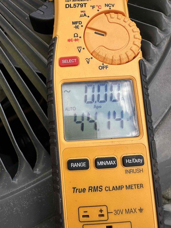 Completed routine cooling system maintenance as part of ongoing preventive maintenance program. Performed comprehensive system inspection, measured electrical parameters using clamp meter showing capacitor reading of 44.4 µF, and verified supply air temperature at 75.9°F using infrared thermometer. All system components operating within normal parameters with no issues identified.