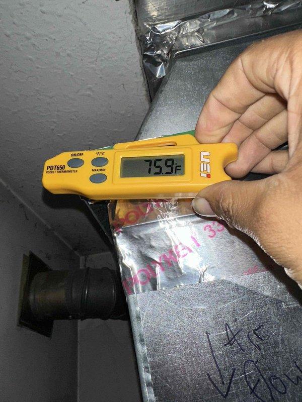 Completed routine cooling system maintenance as part of ongoing preventive maintenance program. Performed comprehensive system inspection, measured electrical parameters using clamp meter showing capacitor reading of 44.4 µF, and verified supply air temperature at 75.9°F using infrared thermometer. All system components operating within normal parameters with no issues identified.