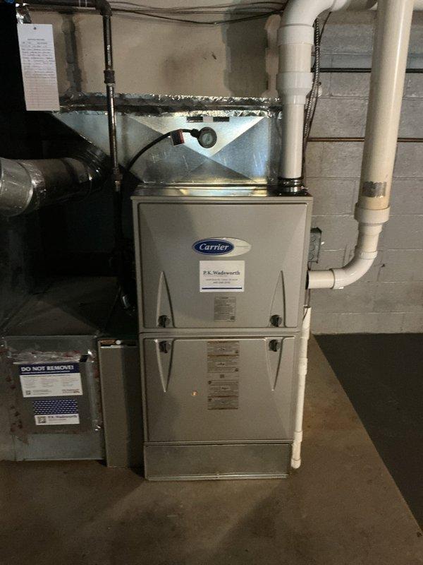 Completed scheduled cooling maintenance on Carrier HVAC system. Performed comprehensive inspection of furnace unit, verified proper operation of Aprilaire control system displaying 63°F, checked all electrical connections and control wiring, inspected ductwork including metallic flexible ducts and PVC condensate lines for proper installation and condition. All components found operating within normal parameters. System ready for cooling season operation.