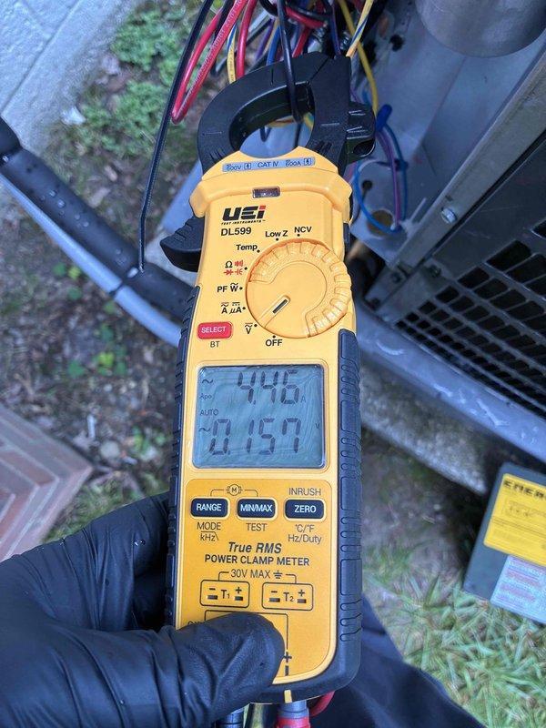 Responded to no cooling complaint on residential air conditioning system. Upon arrival, performed electrical diagnostics on outdoor condensing unit using clamp meter to measure voltage and amperage. Tested compressor and fan motor electrical values to verify proper operation and identify cause of cooling failure. System evaluated and measurements documented for repair recommendations.