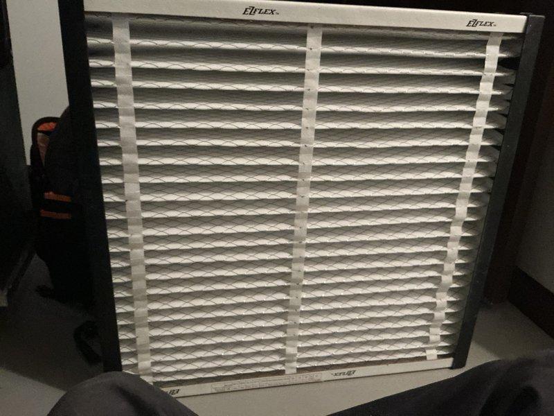 Completed seasonal cooling tune-up maintenance on residential HVAC system. Inspected and documented existing air filter condition, which showed moderate dust accumulation and discoloration indicating normal usage. System operational and ready for cooling season.
