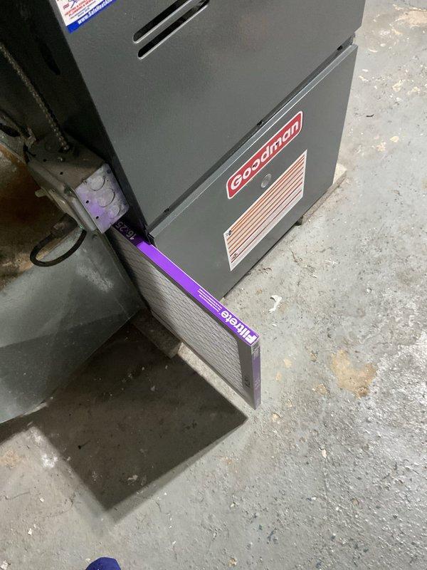 Performed scheduled cooling system maintenance on Goodman HVAC unit. Inspected furnace cabinet, ductwork, and condensate drain system; replaced air filter; verified proper operation of all cooling components. System operating within normal parameters with no issues identified.
