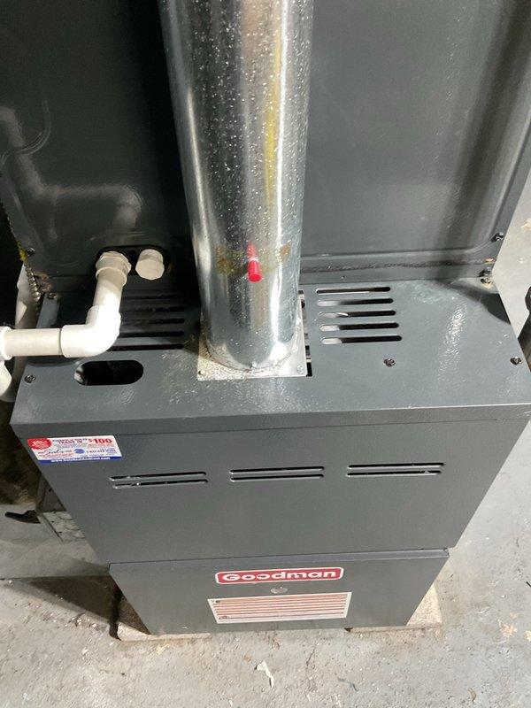 Performed scheduled cooling system maintenance on Goodman HVAC unit. Inspected furnace cabinet, ductwork, and condensate drain system; replaced air filter; verified proper operation of all cooling components. System operating within normal parameters with no issues identified.