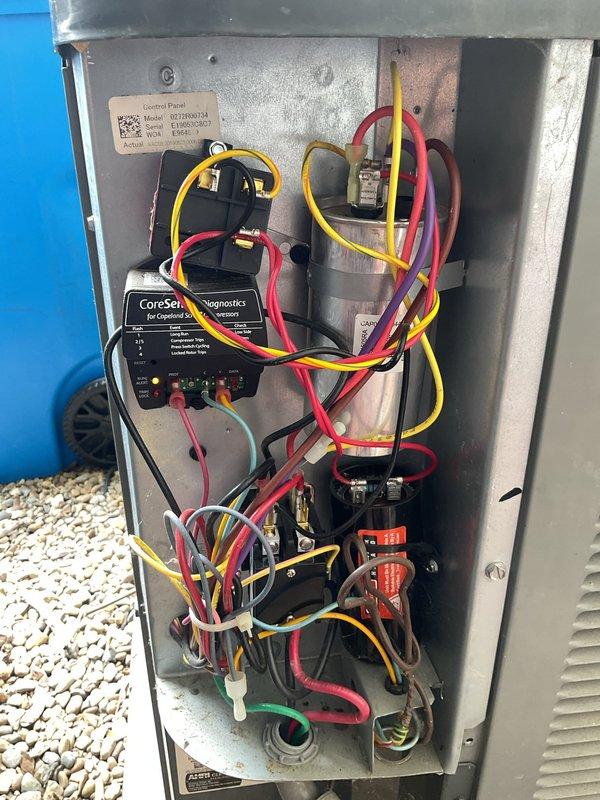 Completed routine cooling maintenance on two HVAC systems, performing standard seasonal inspection and testing of all components. Inspected electrical control panels, capacitors, contactors, and CoreSense compressor diagnostic modules on both units, verifying proper operation and connections. Customer declined optional electrical inspection at time of service.