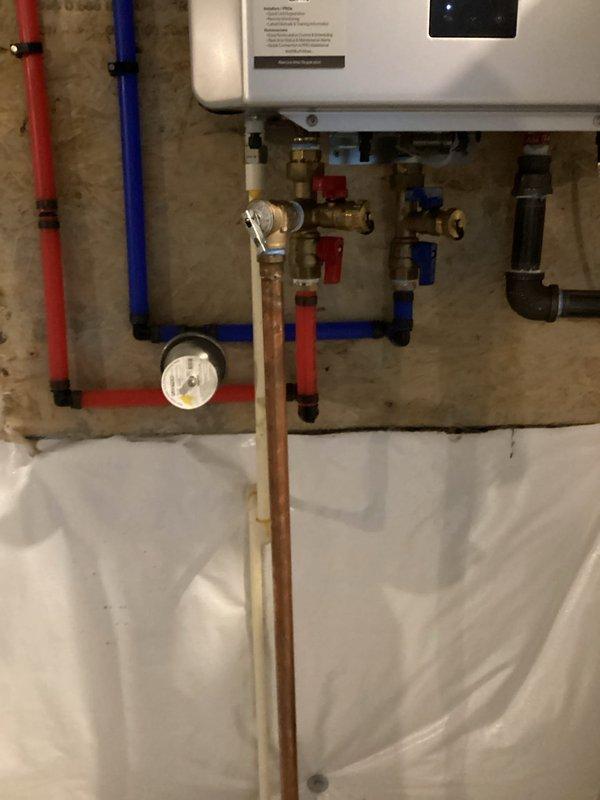 Performed routine maintenance on tankless water heater system by cleaning the inlet filter to restore proper water flow and system efficiency. Inspected all plumbing connections, PEX supply lines, brass fittings, and pressure gauges to ensure system was operating within normal parameters upon completion.