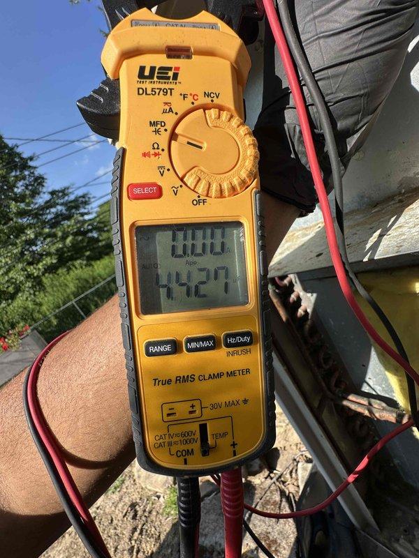 Completed cooling tune-up on residential HVAC system during afternoon appointment. Performed electrical diagnostics using clamp meter, recording amp draw and voltage readings to verify proper compressor operation. Inspected contactor assembly and electrical connections, confirming all wire terminations secure and component functioning within normal parameters.