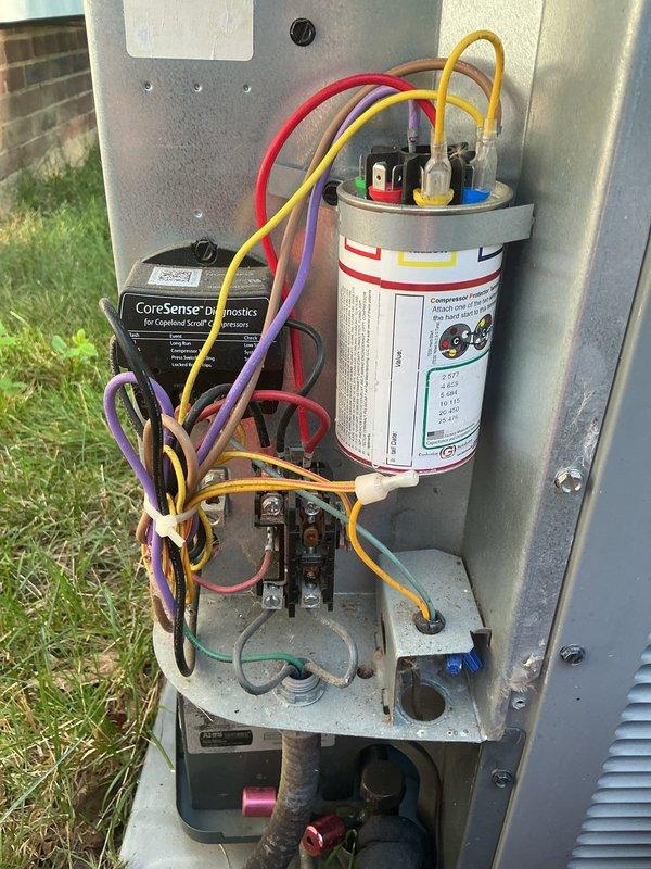 Completed comprehensive cooling system maintenance including airflow measurement and electrical diagnostics. Installed CoreSense diagnostic monitoring equipment on compressor system and verified capacitor connections and contactor operation. All electrical connections inspected, system tested, and confirmed operating within normal parameters.
