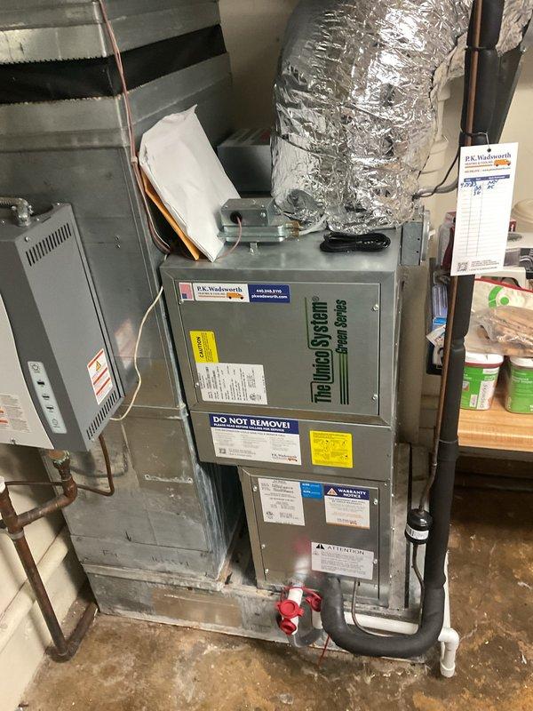 Completed scheduled cooling maintenance on Unico high-velocity HVAC system. Performed comprehensive inspection of blower module, verified proper operation of 1/2 HP motor, checked electrical connections at 120/208-230V specifications, inspected refrigerant lines and insulation integrity, and confirmed all safety labels and manufacturer specifications were clearly visible and equipment was operating within normal parameters.