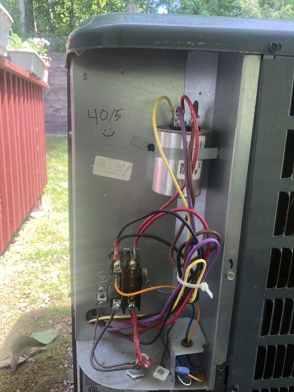 Completed preventive maintenance on residential cooling system. Inspected outdoor condensing unit electrical components including 40/5 MFD dual capacitor, contactor, and associated wiring connections. Verified proper operation of indoor air handler and integrated Aprilaire humidification system. Customer declined optional electrical safety inspection.