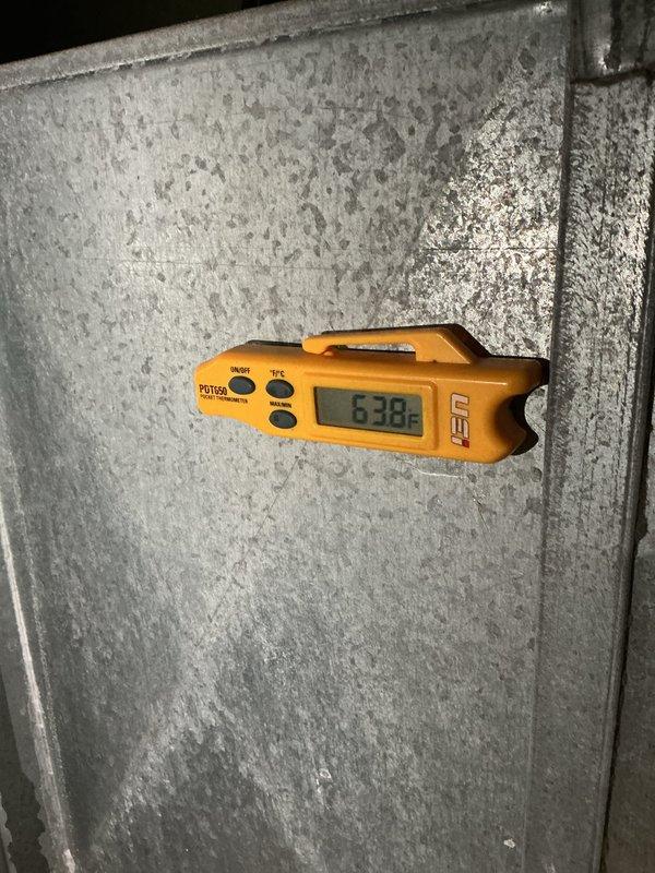 Completed preventive maintenance on two residential cooling systems as part of ongoing service plan. Performed comprehensive inspection of furnace and air handling equipment, verified operational parameters, and documented system readings with digital instrumentation showing 638°F at measurement point. All equipment found operating within normal specifications with no deficiencies requiring immediate attention.